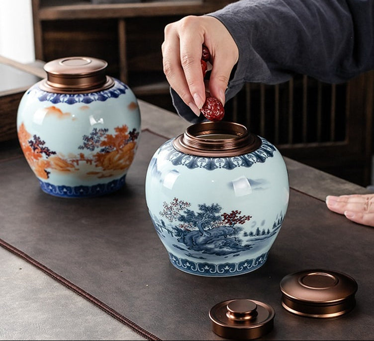 Hũ Trà Cảnh Đức Vẽ Sơn Thủy Hữu Tình
